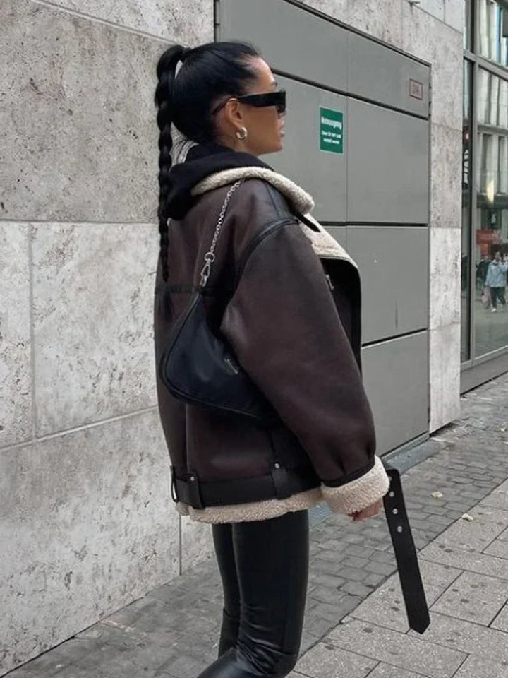 Oversized Leather Coat with Fur Lining - Kaya