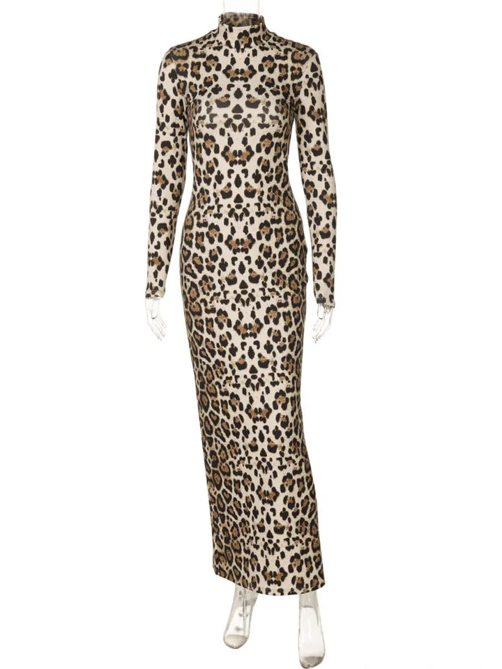 Leopard print maxi dress with turtleneck - Marilyn