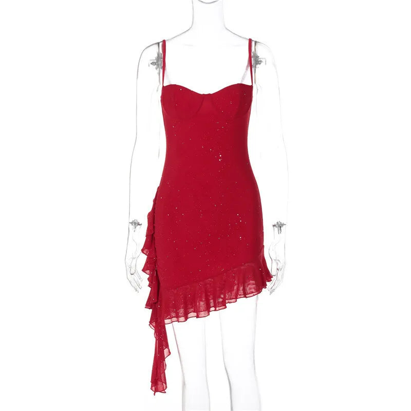 Mini sequin dress with asymmetric ruffle decoration - Kesem