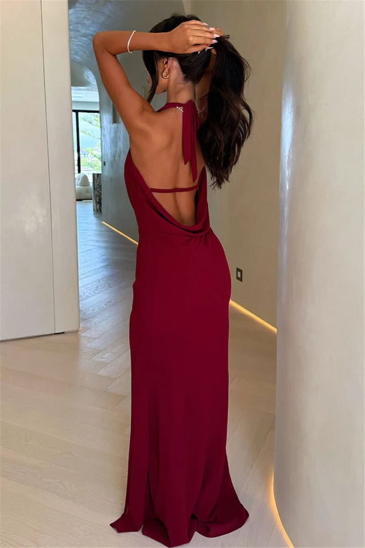 Maxi dress with draped V neckline, tie slit, and open back - Miren