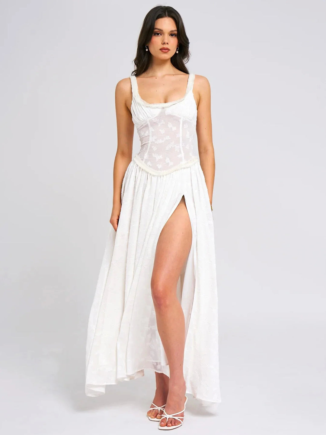 Chiffon Maxi Dress with Floral Embroidery, A-Line Cut, and Slit Design - Alejandra