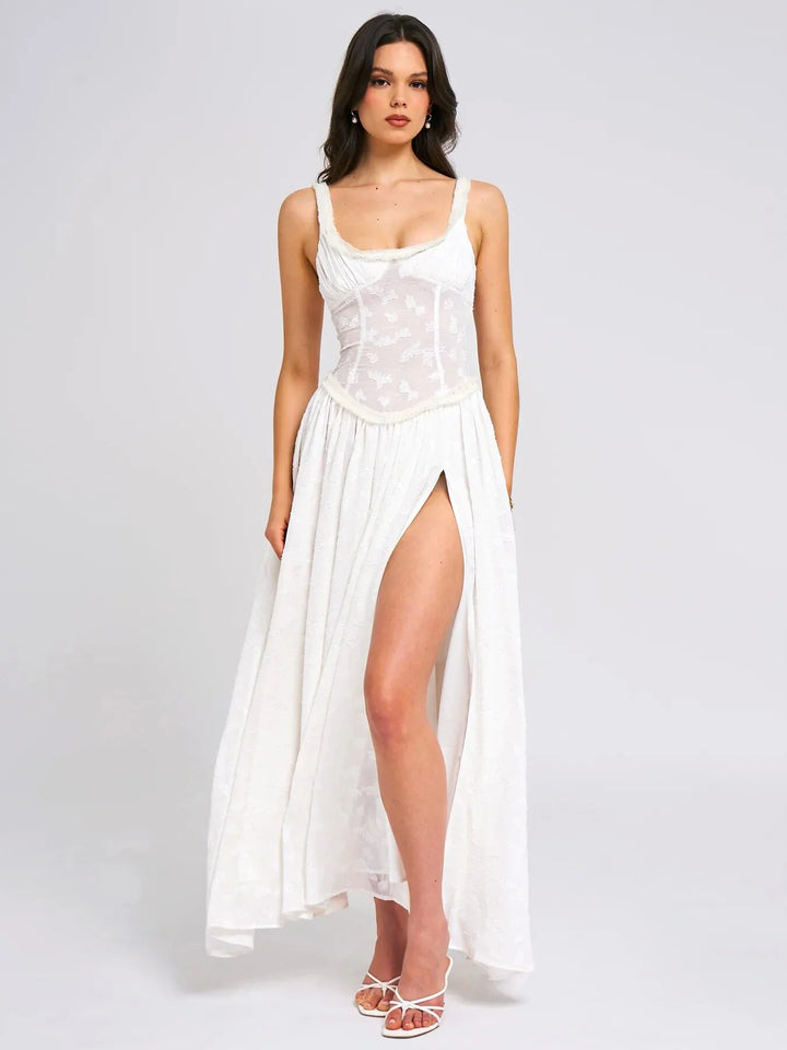 Chiffon Maxi Dress with Floral Embroidery, A-Line Cut, and Slit Design - Alejandra