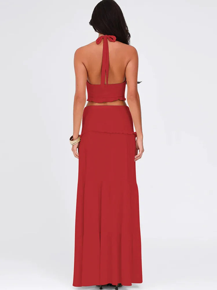 Two-piece set maxi skirt and neck tie top - Lorenza