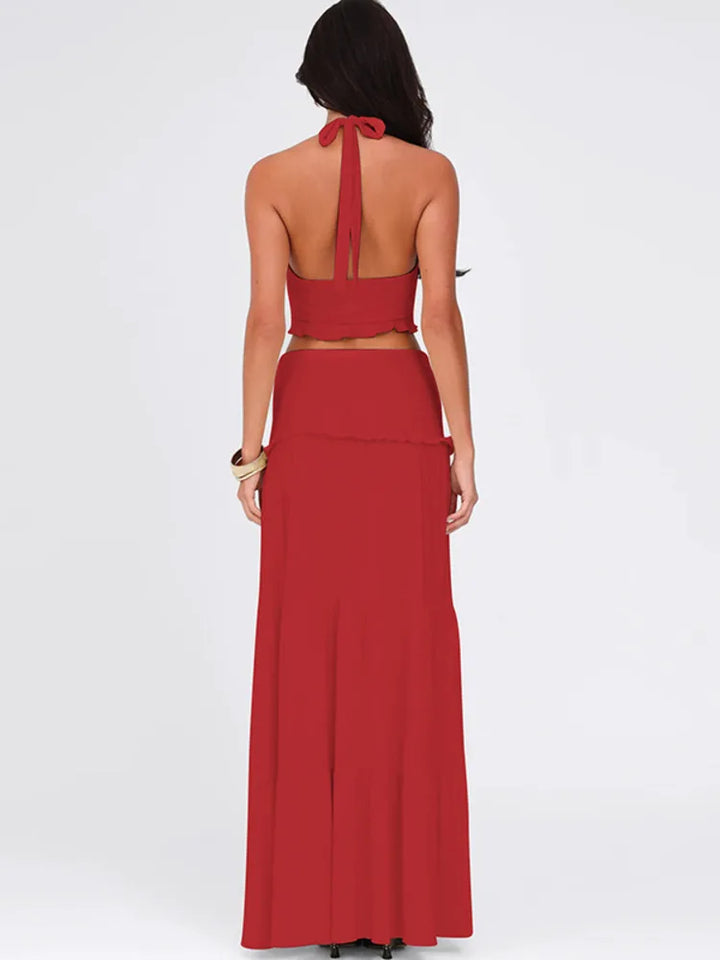 Two-piece set maxi skirt and neck tie top - Lorenza