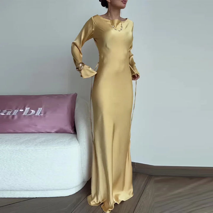 Satin maxi dress with back tie for waist fitting - Odel