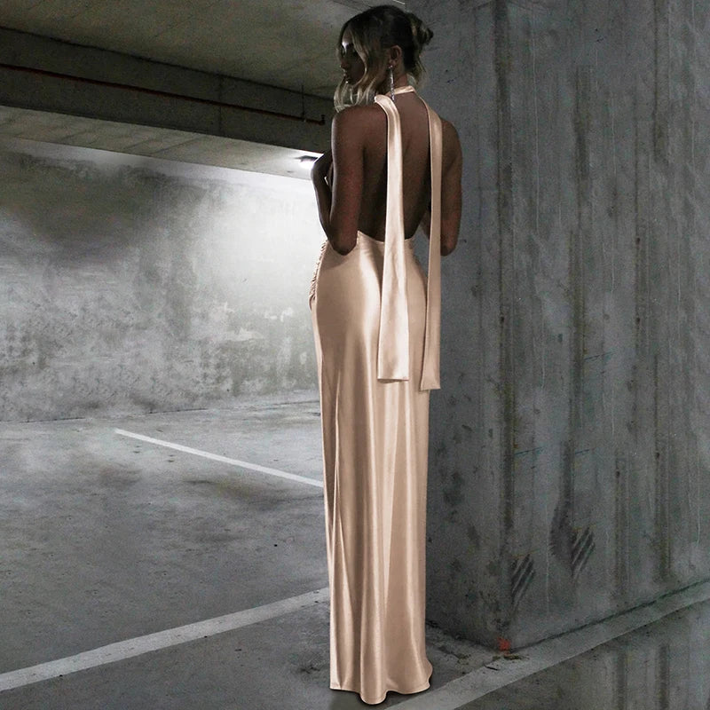 Open Back Satin Maxi Dress with Slit and Matching Scarf Decoration - Felicia
