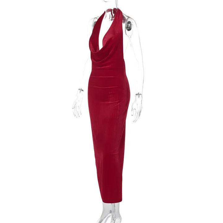 Maxi Velvet Dress with Dropped Collar and Open Back - Marla