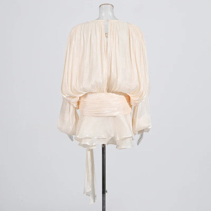 Ruched Mini Dress with Ruffle Detail, Shiny Chiffon Fabric - Lucille