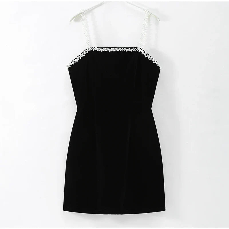 Velvet Mini Dress with Pearl Embellishment - Vera