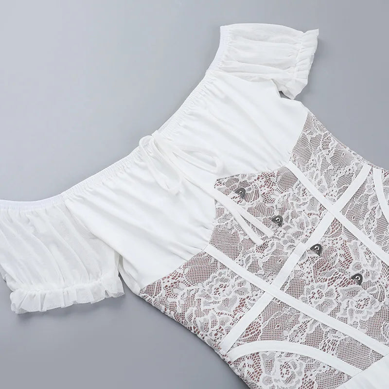 Balloon mini dress with off-shoulder lace trim - Fudge