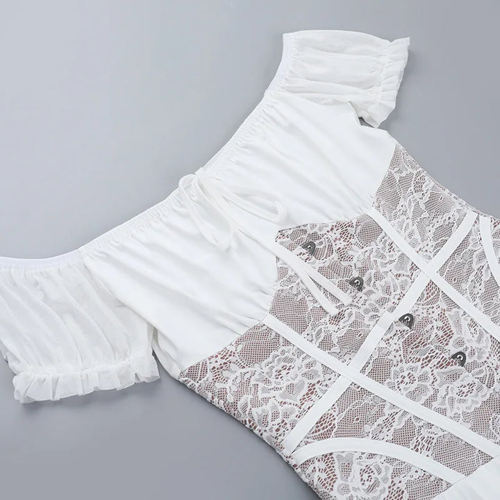 Balloon mini dress with off-shoulder lace trim - Fudge
