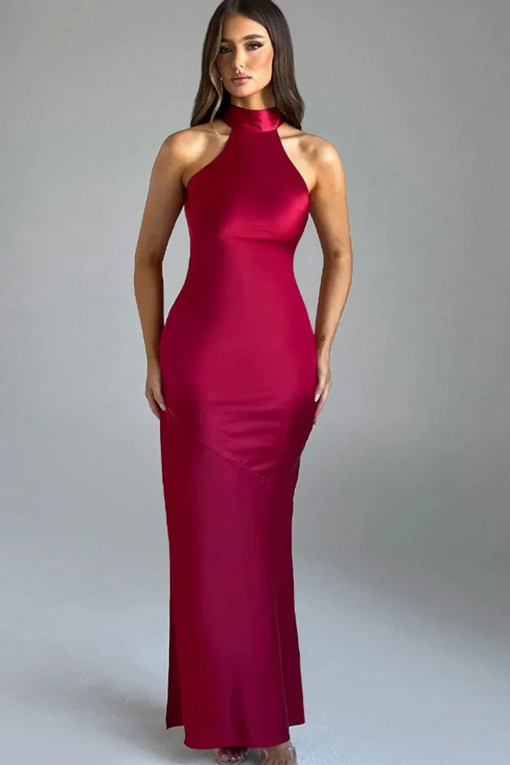 Maxi Satin Collar Dress with Slit Detail - Amari