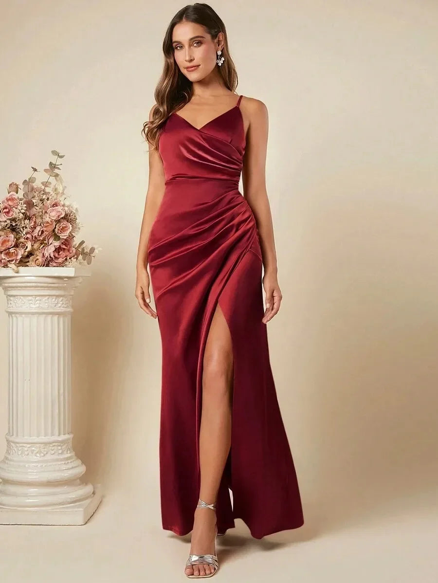 Elegant Maxi Satin Dress with Slit Detail - Reina