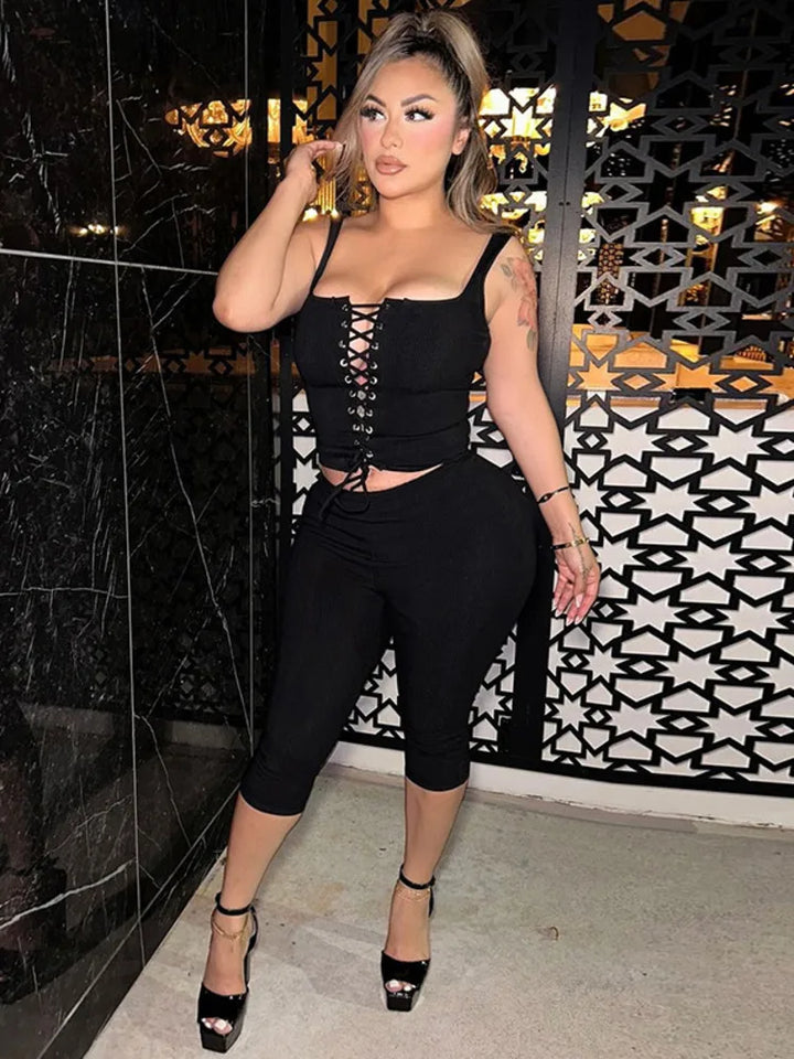 Two-piece set tie top and three-quarter leggings - Nadia
