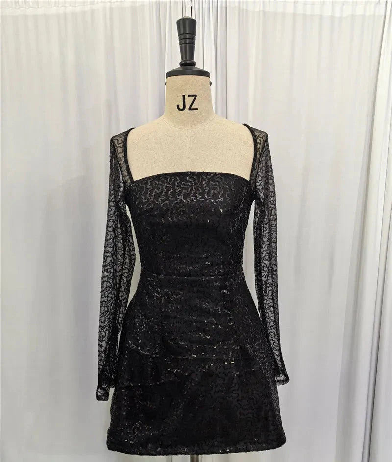Mini Dress with Sparkling Sequin Embellishment, A-Line, and Mesh Sleeves - Skylar