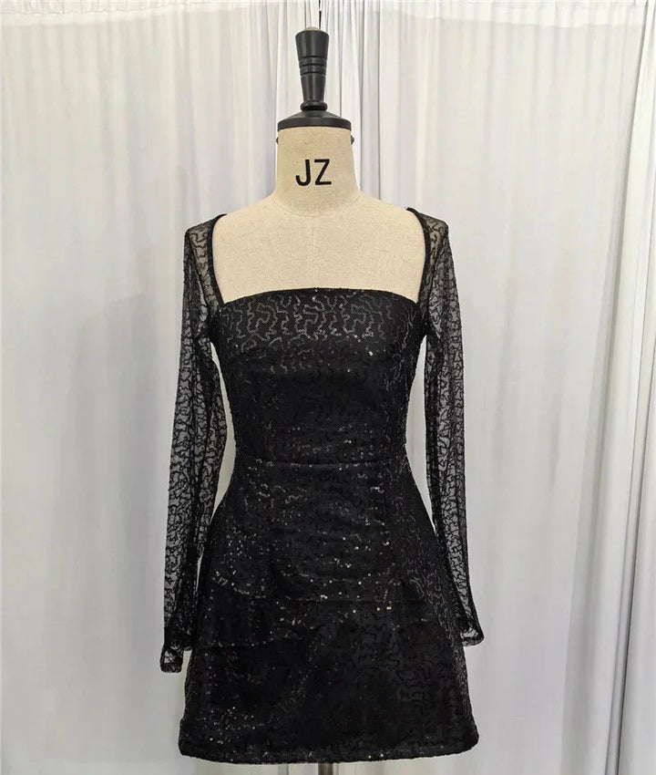 Mini Dress with Sparkling Sequin Embellishment, A-Line, and Mesh Sleeves - Skylar