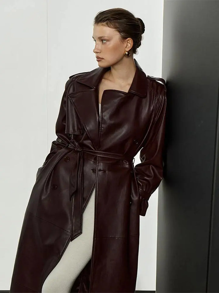 Long Leather Coat with Button Details and Tie Belt - LARA