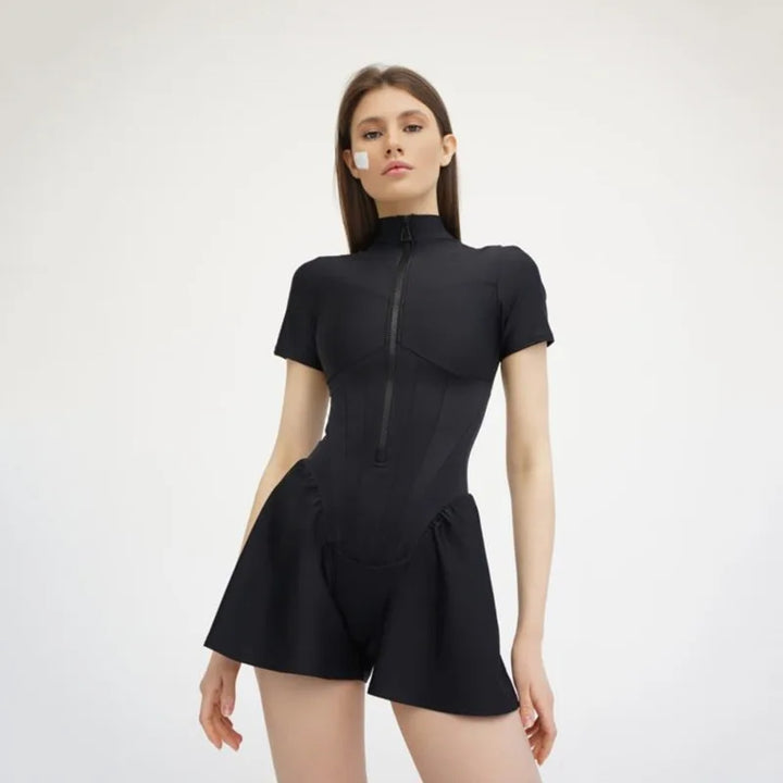 Short Sporty Jumpsuit with Corset Cut and Front Zipper Closure - Averie