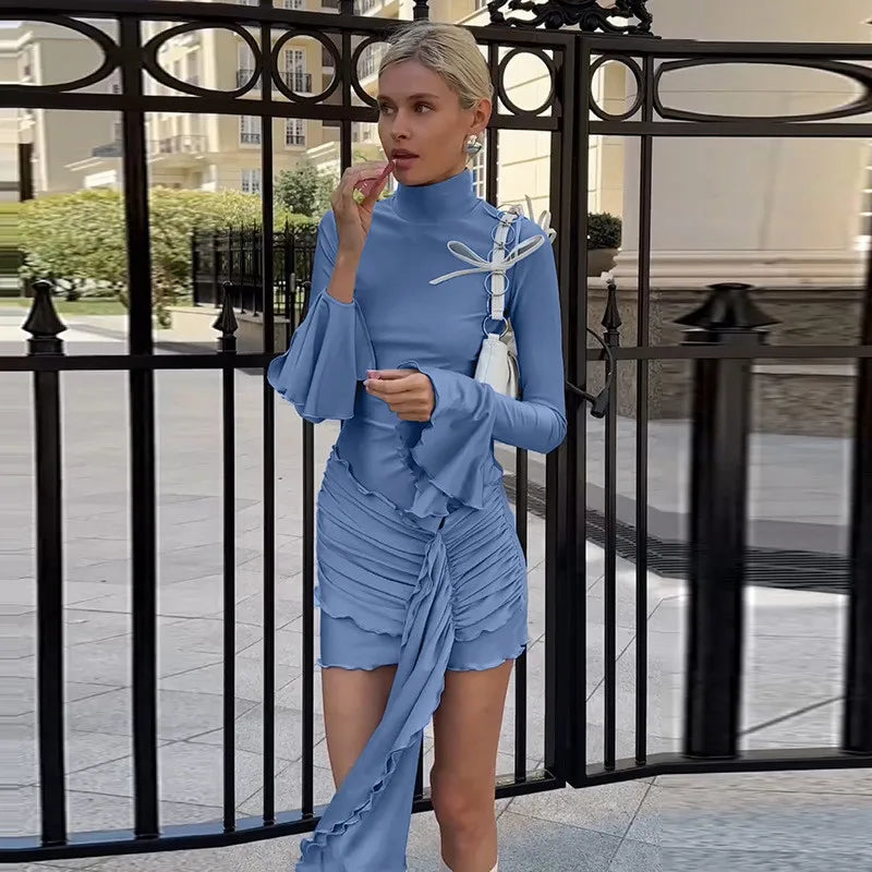 Turtleneck mini dress with bell sleeves and ruffle detail - Jenna