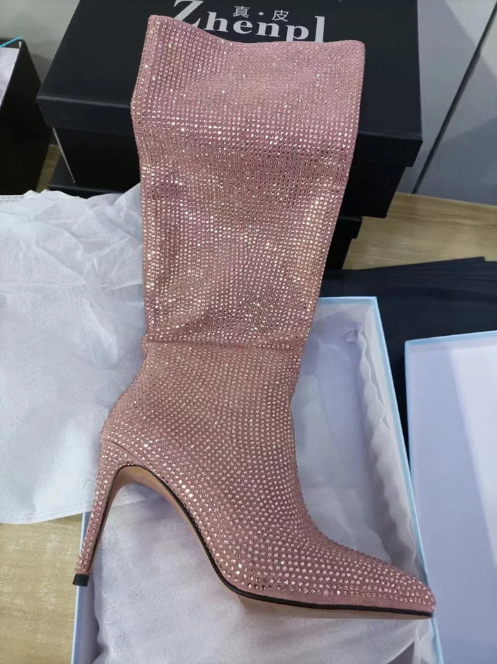 High Pointed Heel Boots with Sparkling Rhinestone Design - Josie