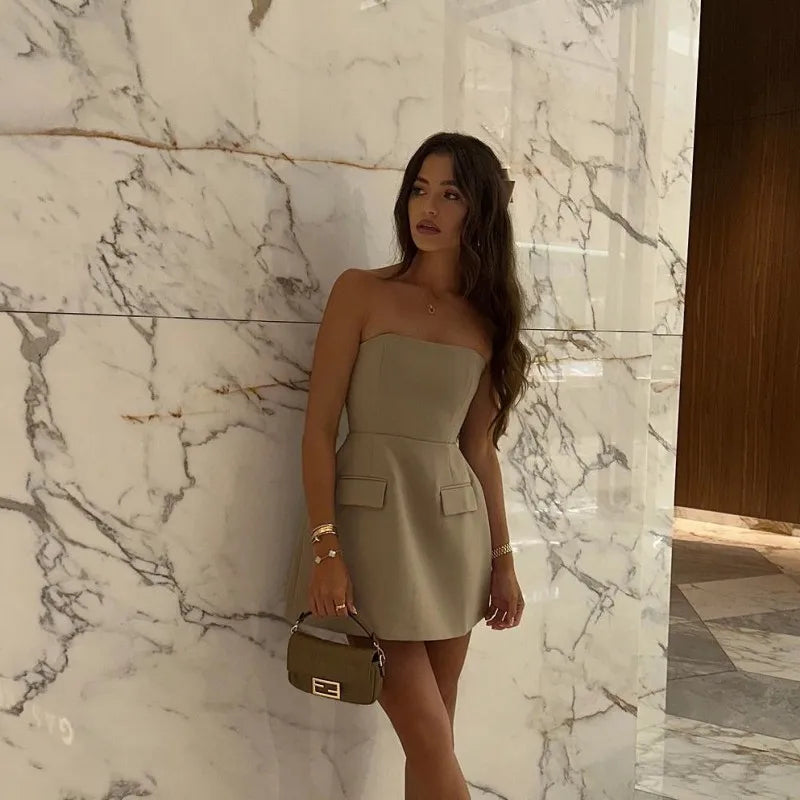 Strapless A-Line Mini Dress with Faux Pocket Detail - Angeles