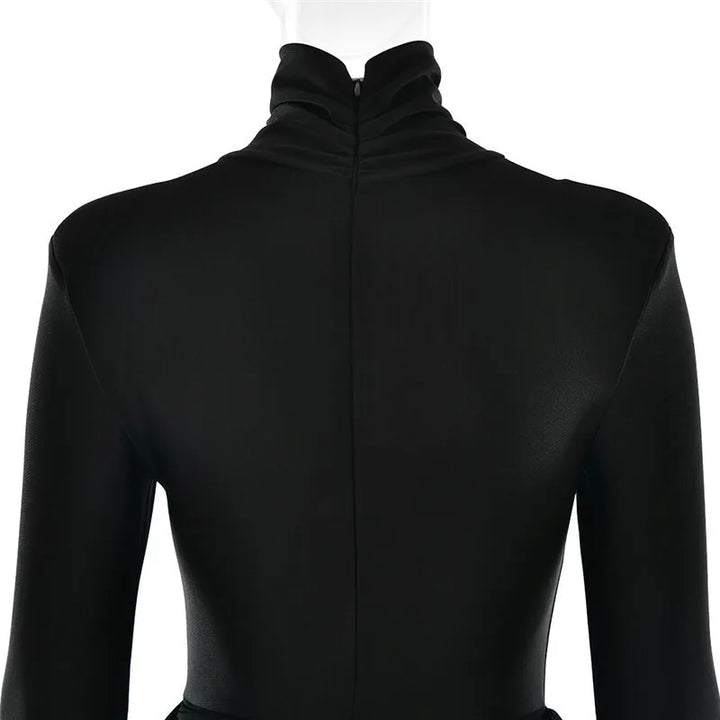 Mini turtleneck dress with chiffon ruched bottom, cross cut, and chiffon ruffle decoration - Marina