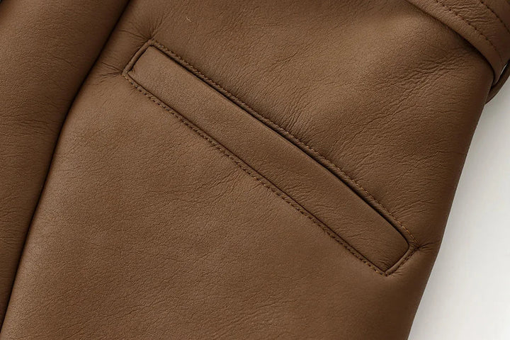 Leather coat with inner fur and belt tie design - Moran