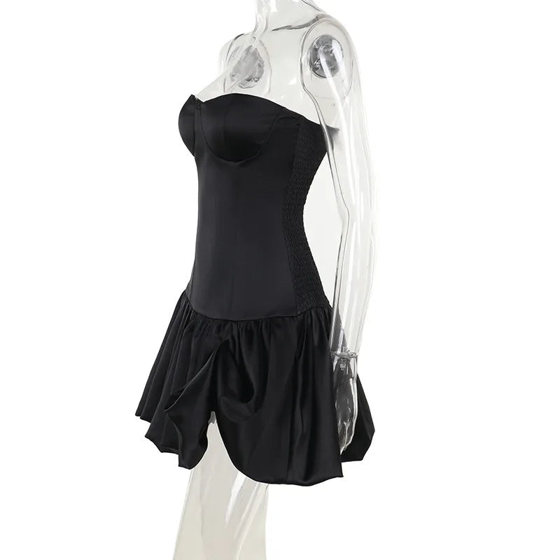Strapless Satin Mini Dress with Balloon Ruching Design - BELLEN