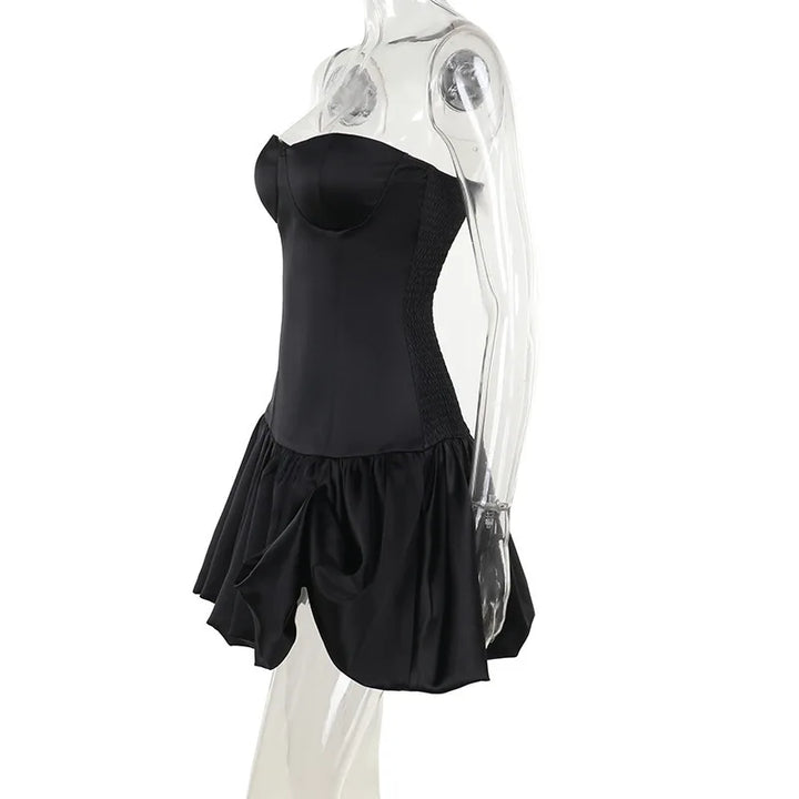Strapless Satin Mini Dress with Balloon Ruching Design - BELLEN