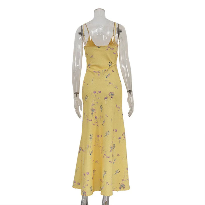 Maxi Satin Dress with Floral Print Detail - Baylee