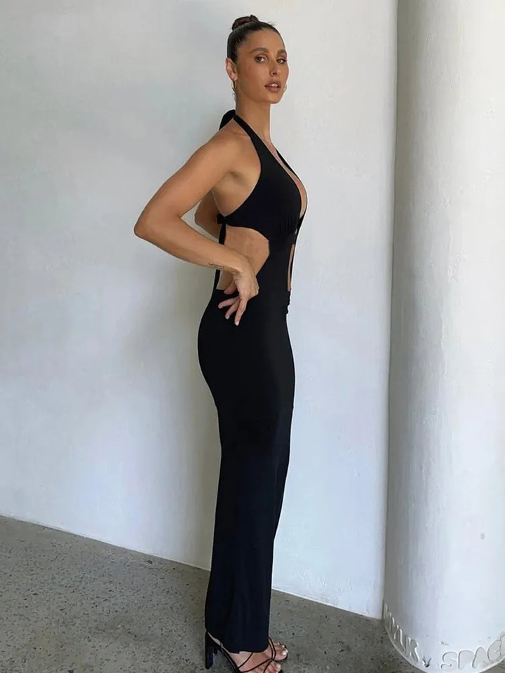 Maxi Dress with Deep V-Neck and Open Back - Melanie