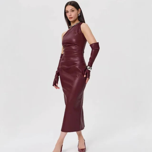 One-Shoulder Faux Leather Maxi Dress with Glove Detail - Thea