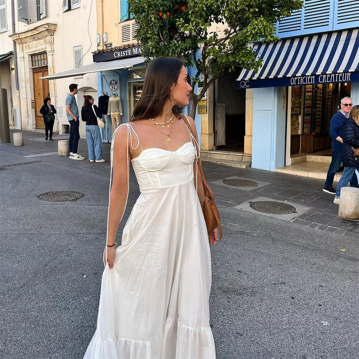 Ruffled Maxi Dress with A-Line Cut and Tie Straps - Allie