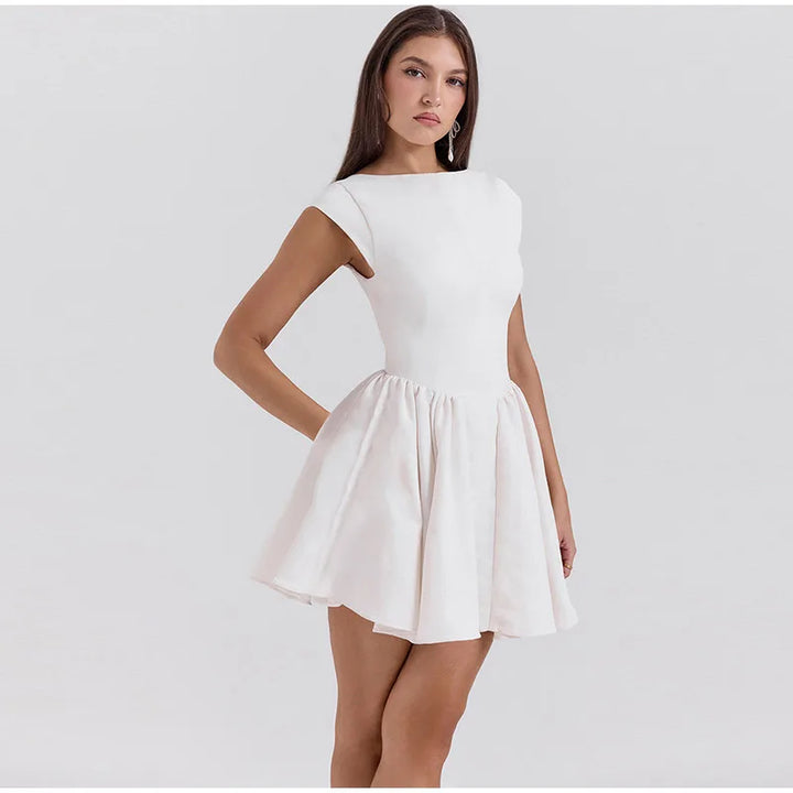Linen Mini Dress in A-Line with Open Back - Marilyn