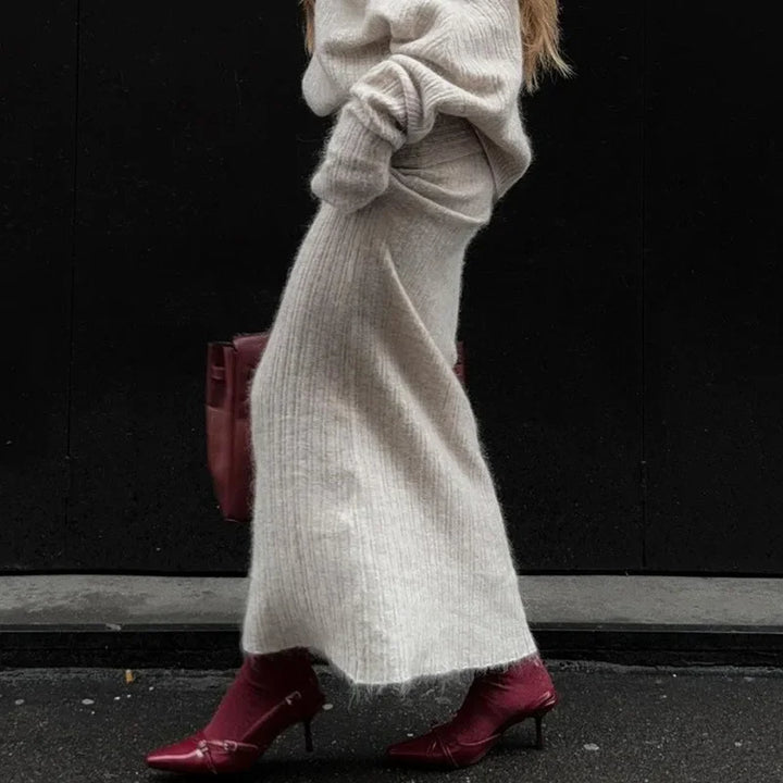 Two-Piece Knit Set with Off-Shoulder Top and Maxi Skirt - Ilona