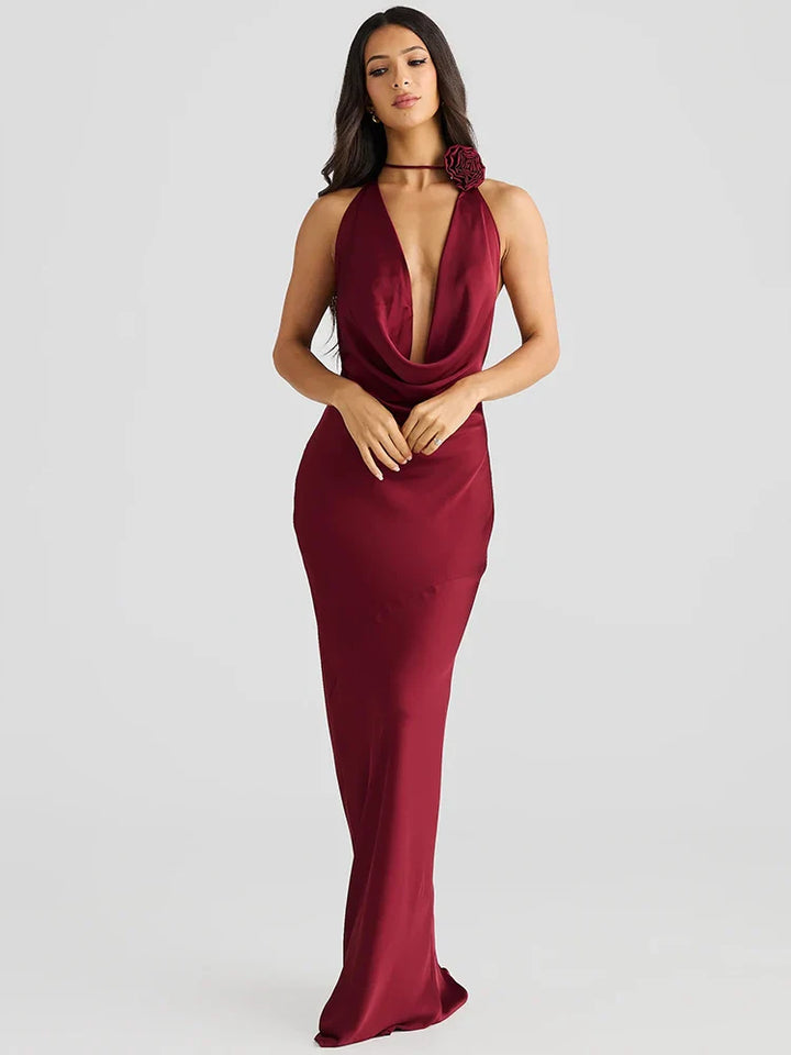 Satin Maxi Dress with Open Back and Draped Collar - Paula
