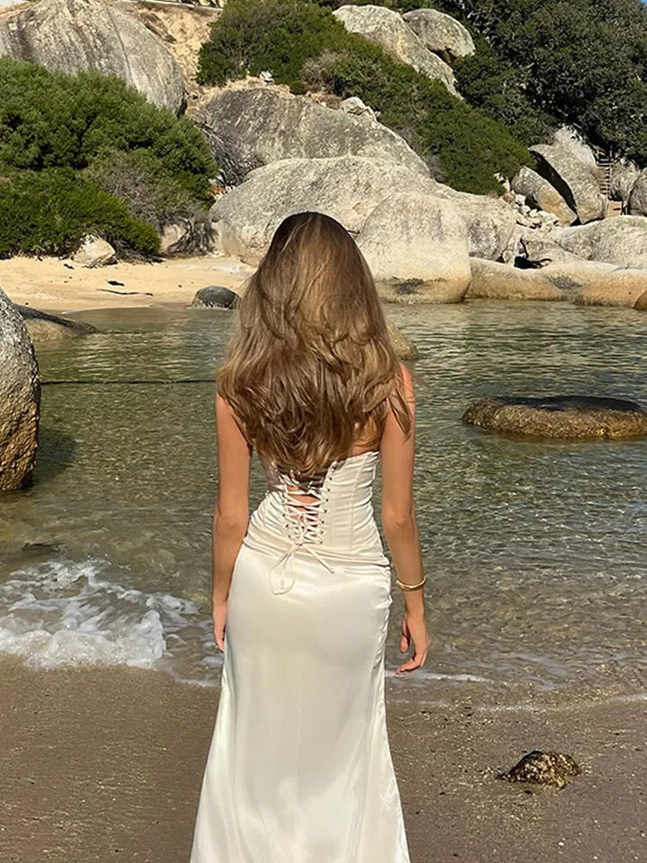 Strapless satin maxi dress with slit and back tie for waist fit with lace trim - Malachi