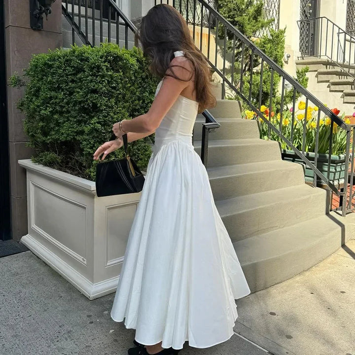Midi A-line Dress with Neck Tie and Open Back - Makenna