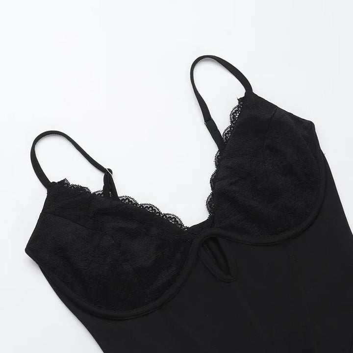 Long pedal-pusher pants jumpsuit with lace trim - Liz