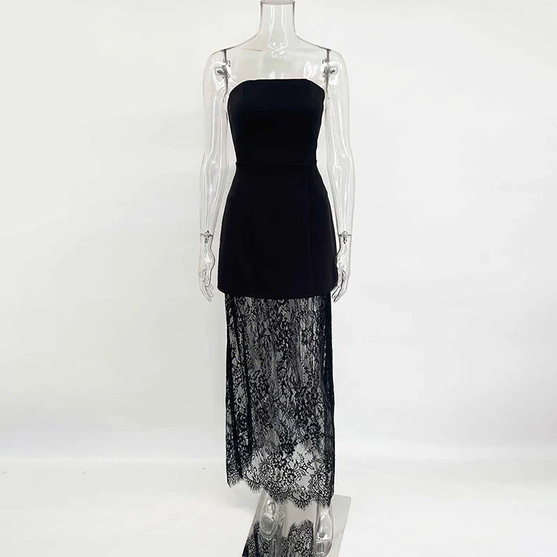 Elegant two-piece set strapless top and maxi lace skirt - Juline