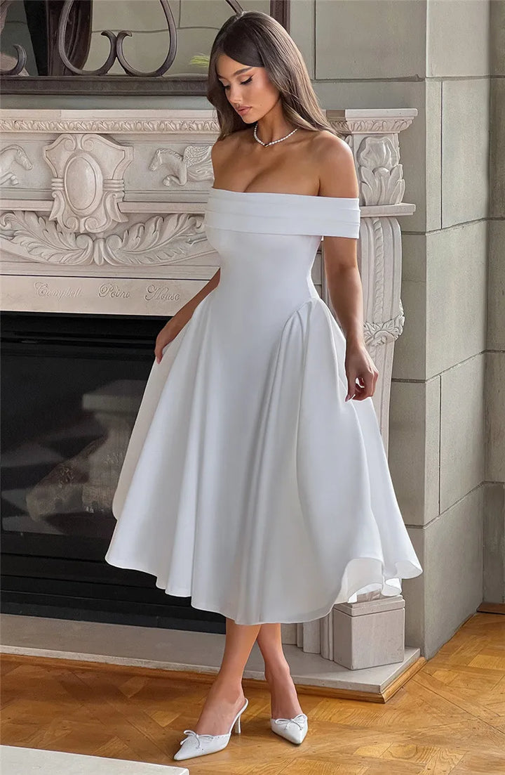 Off-Shoulder A-Line Midi Dress - Inbal