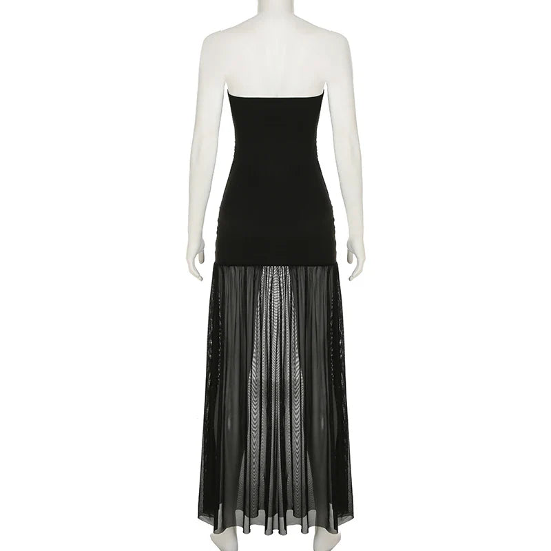 Strapless maxi dress with chiffon decoration and slit - Lettie