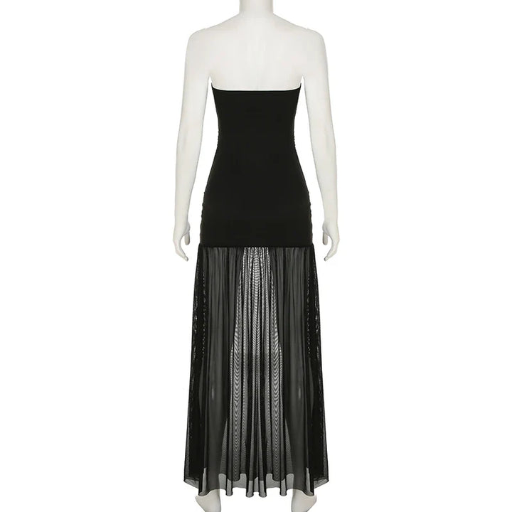 Strapless maxi dress with chiffon decoration and slit - Lettie