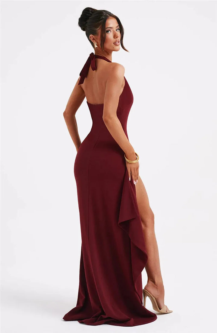 Luxury Maxi Dress with V-Neck, Deep Slit, and Open Back - Alicia