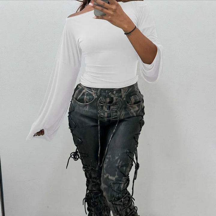 Two-piece set with three-quarter leggings with tie design and bell sleeve top - Candy