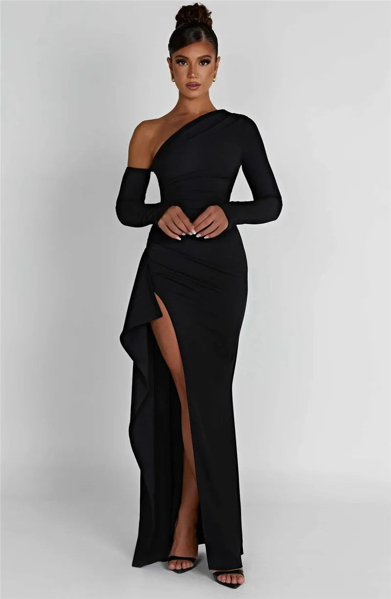Ruffled maxi dress with shoulder slit and off-shoulder design - Melania