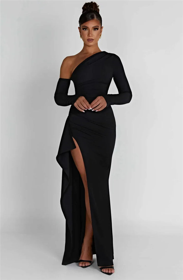 Ruffled maxi dress with shoulder slit and off-shoulder design - Melania