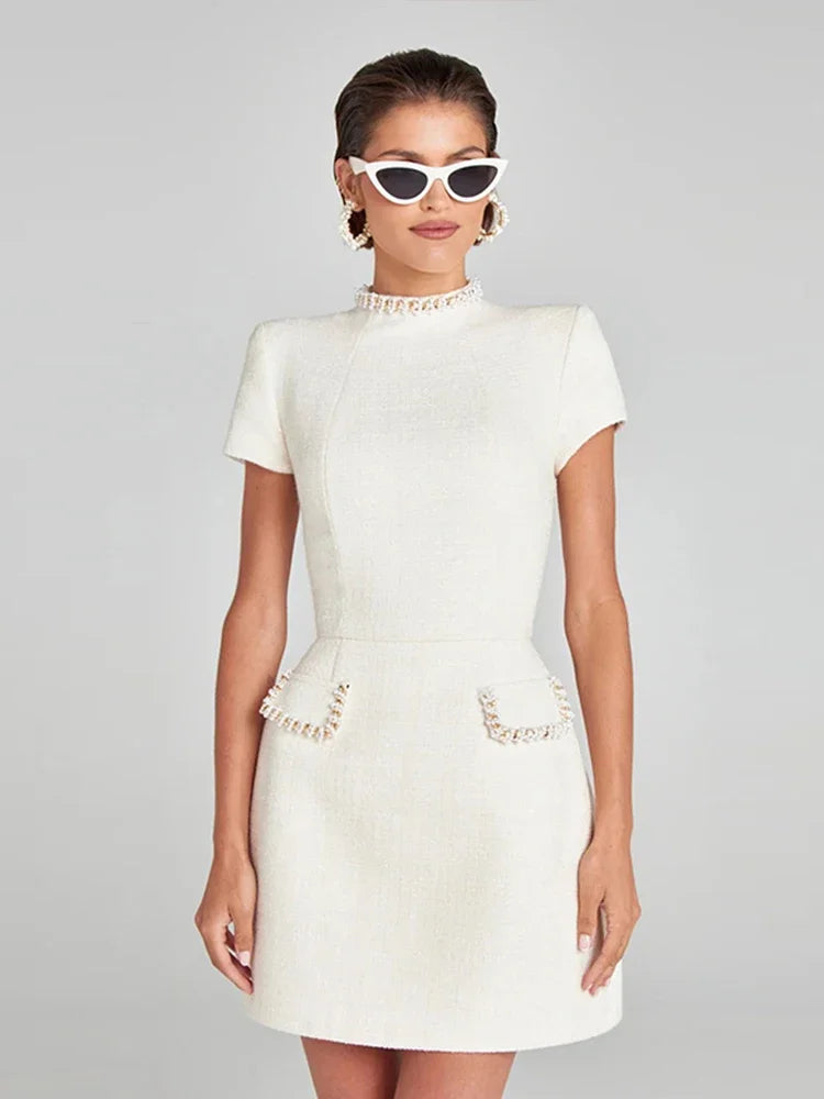Elegant Mini Dress with Short/Long Sleeves, Tailored Style, Woven Fabric with Sequin and Pearl Embellishment - Lucia