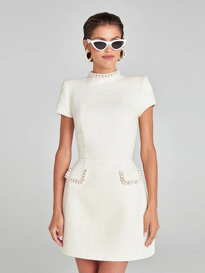 Elegant Mini Dress with Short/Long Sleeves, Tailored Style, Woven Fabric with Sequin and Pearl Embellishment - Lucia