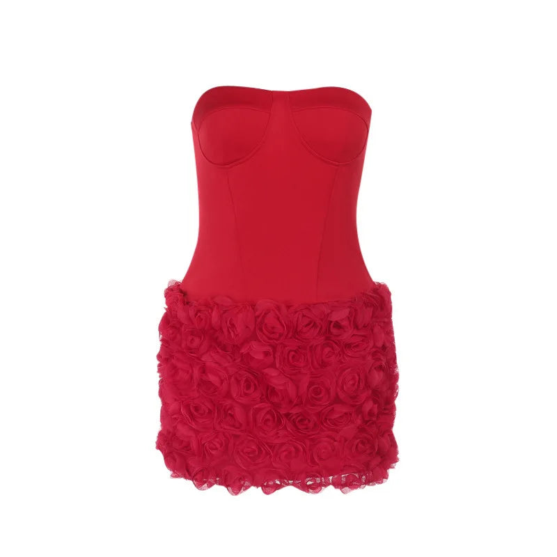 Strapless mini dress with corset design and 3D floral skirt - Loretta